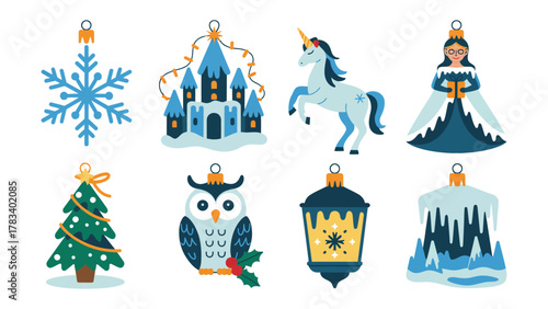 Whimsical Winter Ornaments: A charming array of festive ornaments showcasing snowflakes, castles, unicorns, and other holiday themed items ready for the winter festivities.