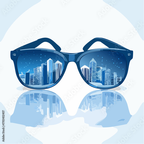 Sunglasses reflecting cityscape with skyscrapers and bright sunlight