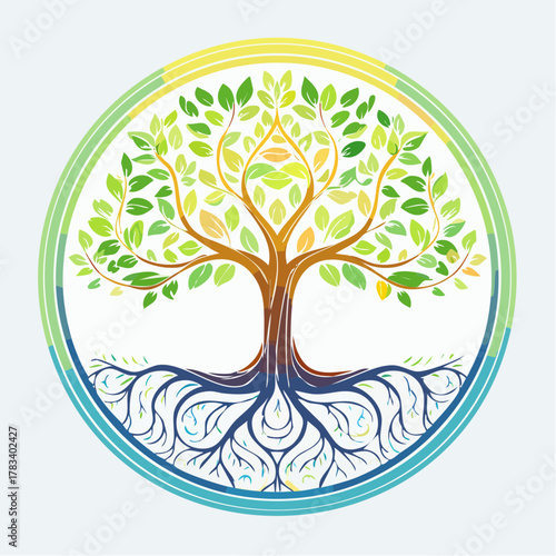 Symbolic tree illustration within a circle representing growth and life