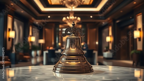 checkin. Elegant hotel lobby counter with a vintage bell, featuring warm lighting and marble surfaces. real-estate listings.