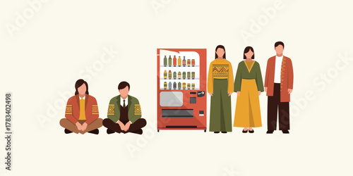 A collection of diverse characters illustrating a modern social scene, with a group gathered near an automatic beverage dispenser
