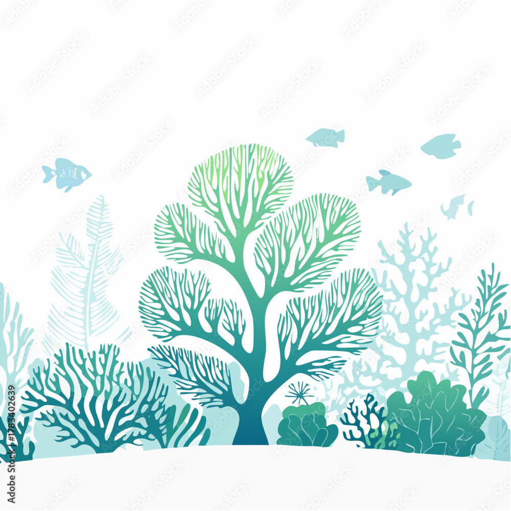 Fototapeta premium Underwater scene illustration with corals and fish in aquatic ecosystem