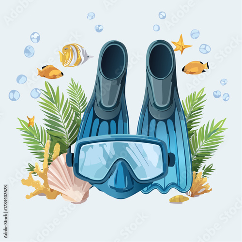 Underwater adventure gear illustration dive mask fins and tropical elements