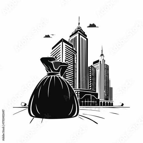 Urban cityscape with bag silhouette and towering skyscrapers artwork