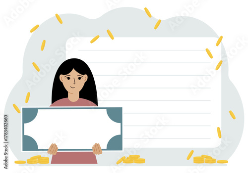 Concept of winning cash, a certificate, or a prize. A happy smiling woman holding a certificate in his hands, feeling excited while celebrating his victory.