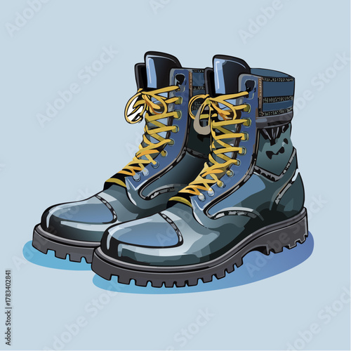 Vector illustration of two blue boots with yellow laces on light blue background