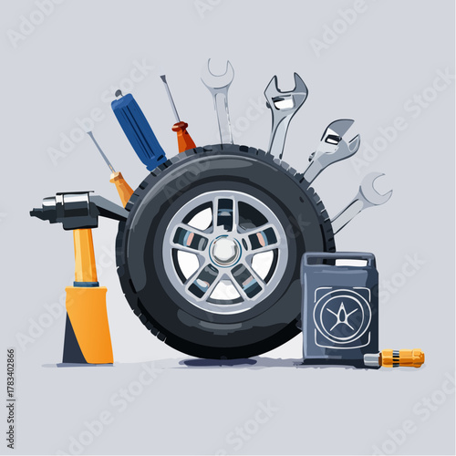Vehicle tire with tools illustration for auto repair and maintenance concept