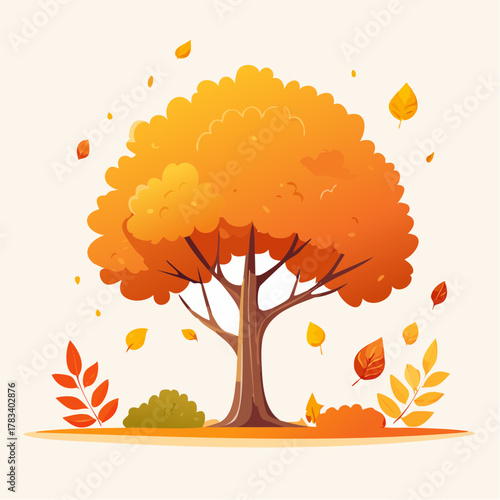Vibrant autumnal tree illustration with falling leaves isolated on white