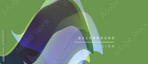 Abstract fluid shapes overlap, creating dynamic visual effect. Green backdrop complements blue, purple hues. Modern design element.