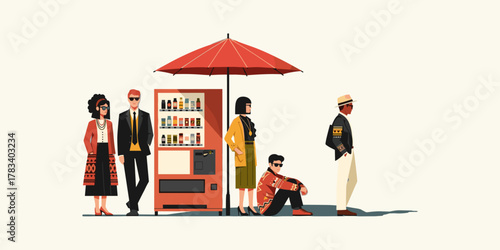 Diverse group of people waiting patiently in line under a red umbrella near a vending machine on a bright day