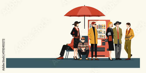 Urban waiting scene with various individuals congregating near a modern vending machine beneath a striking red umbrella