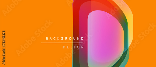 Abstract design features vibrant letter D. Orange background complements colorful layers, creating modern visual impact. Simple text labels composition.