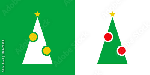 Logo con árbol de navidad con forma de triángulo sencillo y estrella y círculos como bolas de Navidad para tarjetas y felicitaciones de Navidad
