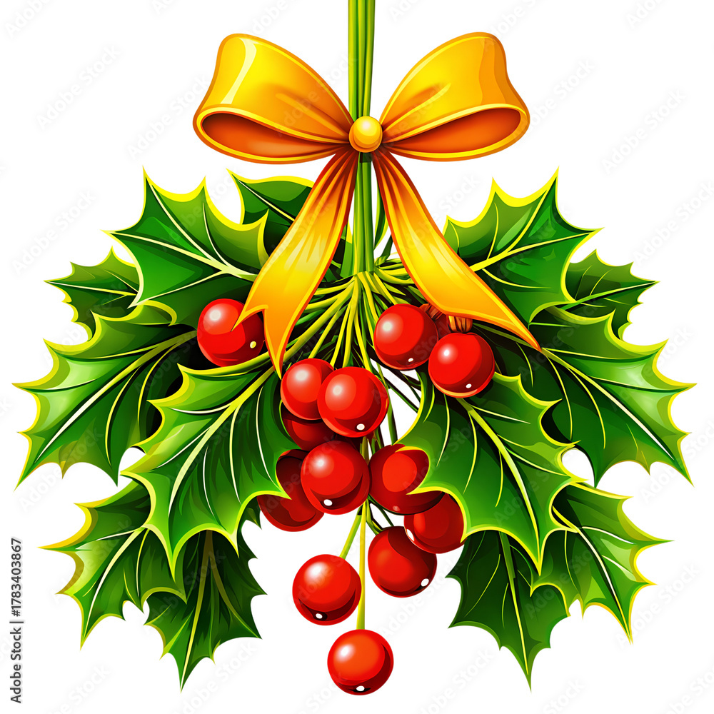 Obraz premium Elegant Christmas Mistletoe Illustration with Yellow Ribbon and Green Leaves for Holiday Decoration Isolated on Transparent Background