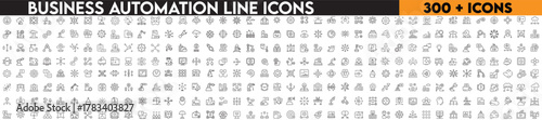 Business automation line editable icon set. Containing process, optimization, robotic integration, business model, and more. with white background
