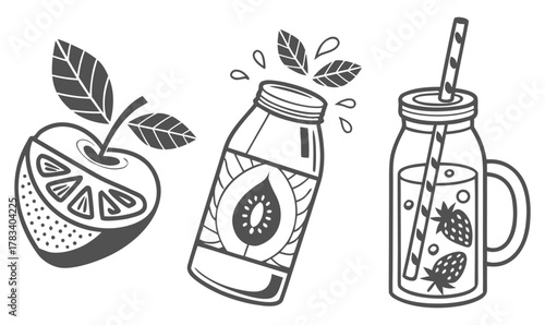 Fruit Drink Silhouette Icons – Strawberry, Kiwi Bottle, Pineapple Jar in Black and White Style