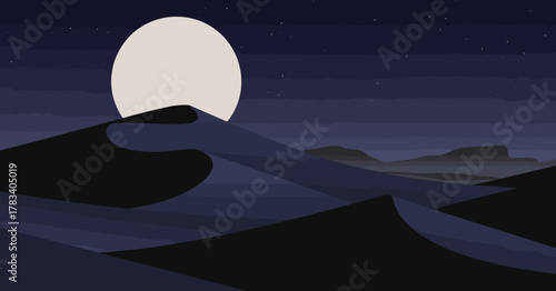 A serene desert landscape at night featuring gentle sand dunes illuminated by a full moon, conveying tranquility, mystery, and the vast beauty of nature.