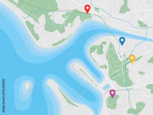 This detailed city map illustrates various locations with colorful markers, showcasing urban planning and navigation with clarity and functionality in design.