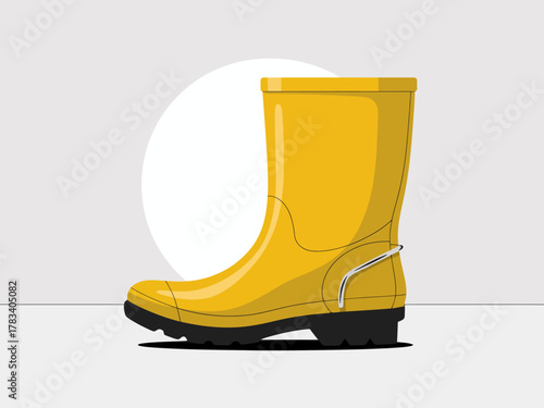 A vivid yellow rain boot depicted against a clean white background, emphasizing outdoor footwear design and its association with wet weather durability and practical fashion.