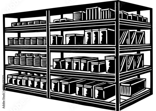 Industrial warehouse shelving unit vector silhouette filled with various products and boxes for inventory management