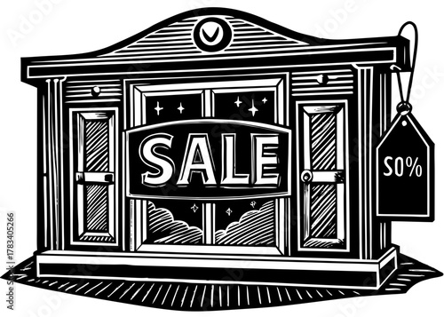 Vintage storefront vector silhouette showcasing a prominent sale sign and 50 percent discount tag on the shop window