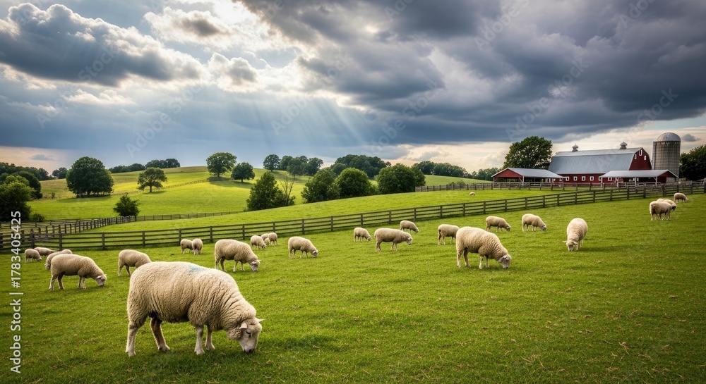 Obraz premium Idyllic Rural Landscape with Grazing Sheep, Red Barn, and Dramatic Sunlit Sky