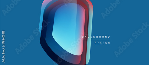 Abstract layered shapes create dynamic visual effect. Blue gradient background enhances modern design elements. Minimalist text adds subtle branding.