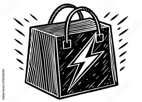 Shopping bag vector silhouette with lightning bolt symbol depicting fast delivery or powerful e-commerce service