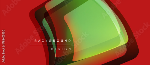 Abstract geometric shapes overlap, creating vibrant color gradients. Red background emphasizes layered green, yellow forms. Text reads background design.