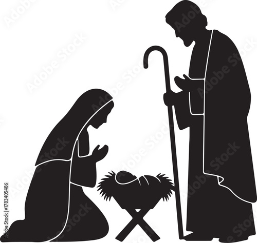 Silhouette depicts Mary and Joseph gazing upon baby Jesus in a manger with transparent background