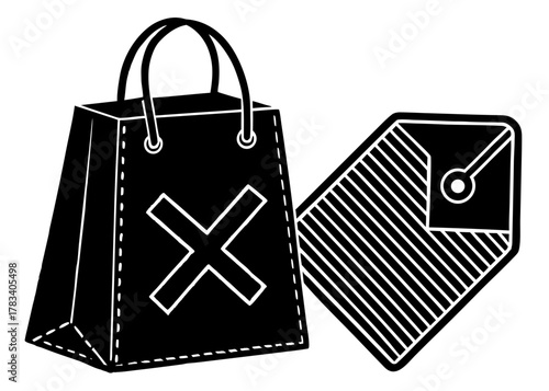 Vector silhouette of a shopping bag with an X mark and a price tag icon representing discontinued products
