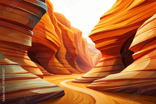 Narrow sandstone canyon with soft light beams filtering through curved orange walls in Arizona desert