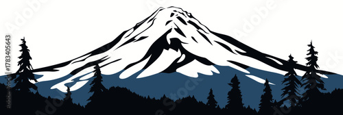 Flat minimalist vector illustration of snow capped mountain peak with conifer trees silhouette foreground scenic natural landscape Oregon Mount Hood