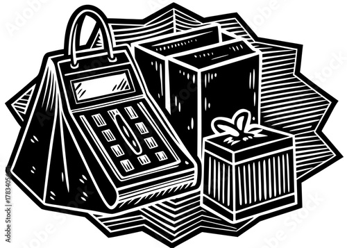 Vector silhouette of a payment terminal cardboard box and gift package representing online shopping and delivery
