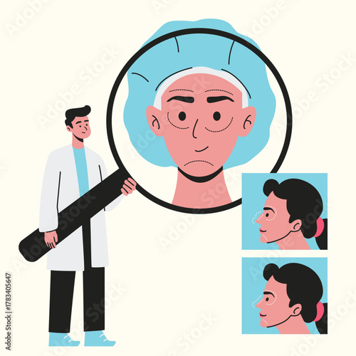 Plastic Surgery doctor examining patient’s face closely before cosmetic treatment