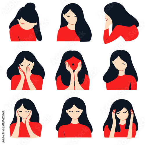 Set of nine flat minimalist vector illustrations of girl with long black hair and red shirt expressing different emotions including sadness, stress, and calmness in various poses