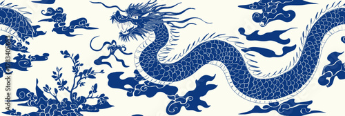 Intricate blue and white Chinese dragon illustration with cloud motifs and floral elements in traditional porcelain style vector design for cultural decoration and art pattern use