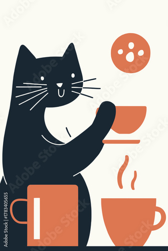 Minimalist playful black cat holding coffee cup with cookie above steaming cup simple flat vector illustration