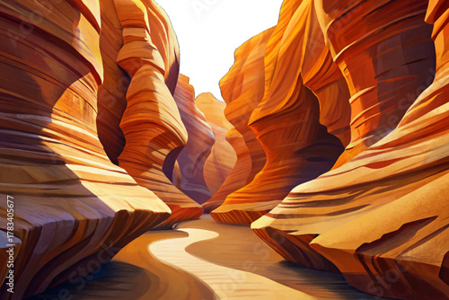 Narrow sandstone canyon with soft light beams filtering through curved orange walls in Arizona desert