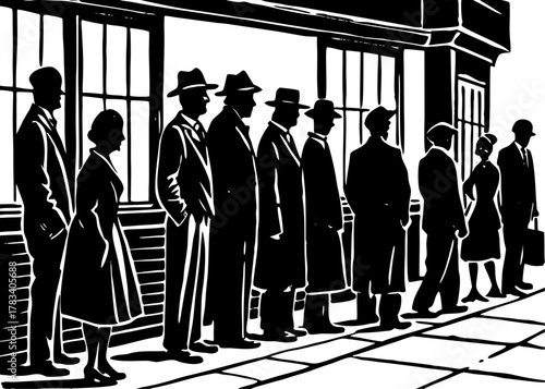 Queue of people vector silhouette waiting patiently in a long line outside a building in an urban setting street