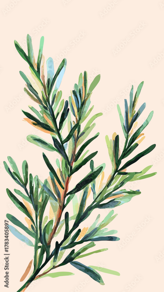 Fototapeta premium Minimalist vector illustration of rosemary herb branch with green needle leaves on light background for culinary and botanical design