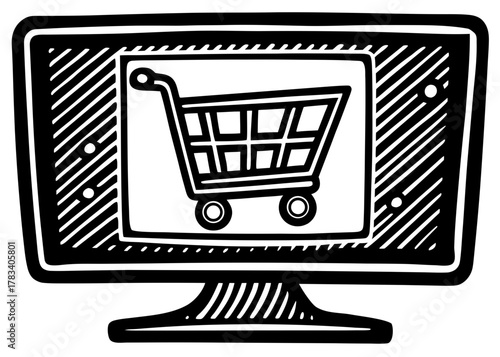 Online shopping cart vector silhouette appearing on a computer monitor screen for e-commerce concept