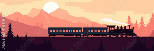 Vintage steam locomotive train with passenger cars moving through mountainous forest landscape at sunset flat vector illustration in minimalist style