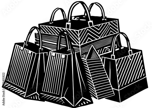 Pile of shopping bags vector silhouette illustration with various patterns symbolizing retail consumerism and commerce