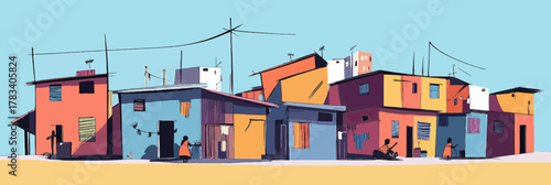 Colorful low income urban neighborhood with small houses and people in minimalist flat vector style illustration for social housing concept or community life background