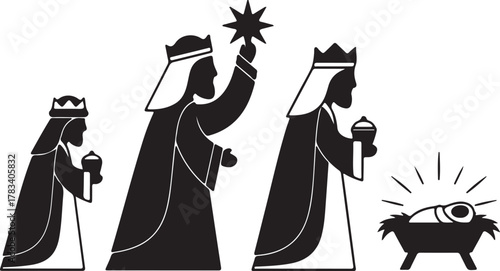Three kings follow the star while bearing gifts to the baby in a manger