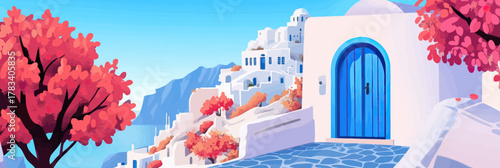 Santorini Greek island village with white buildings blue doors vibrant pink flowering trees hilltop scenic travel summer landscape Mediterranean coast vector illustration
