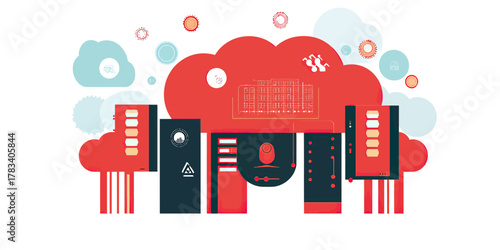 Cloud computing infrastructure with red server racks, data storage devices, digital network icons and gear symbols in flat minimalist style