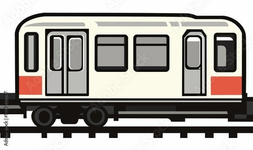 Flat minimalist vector illustration of white and red subway train car on tracks with windows and sliding doors side view urban transport design concept
