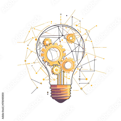 Abstract light bulb with interconnected gears and network lines symbolizing innovation technology creativity and mechanical engineering concept in digital vector style